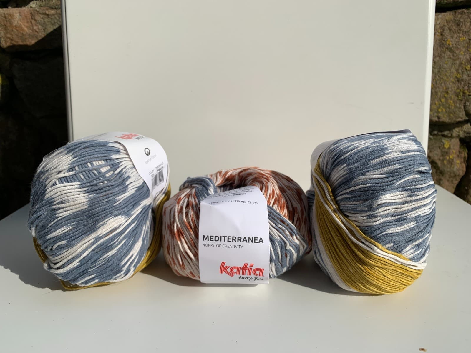 Katia Mediterranea, Baumwolle, verschiedene Farben, Jeansblau-Rostrot-Ocker